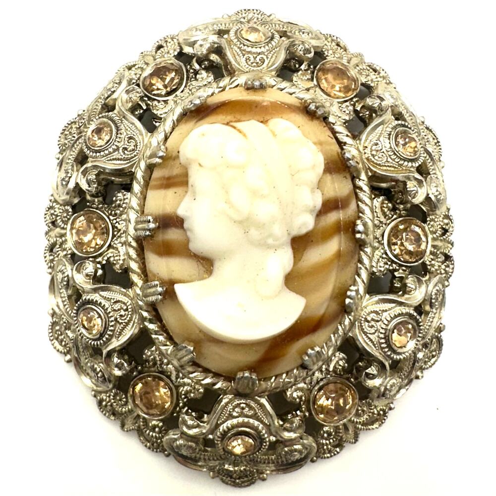 West Germany 1950s gold tone art glass agate cameo rhinestones filigree brooch